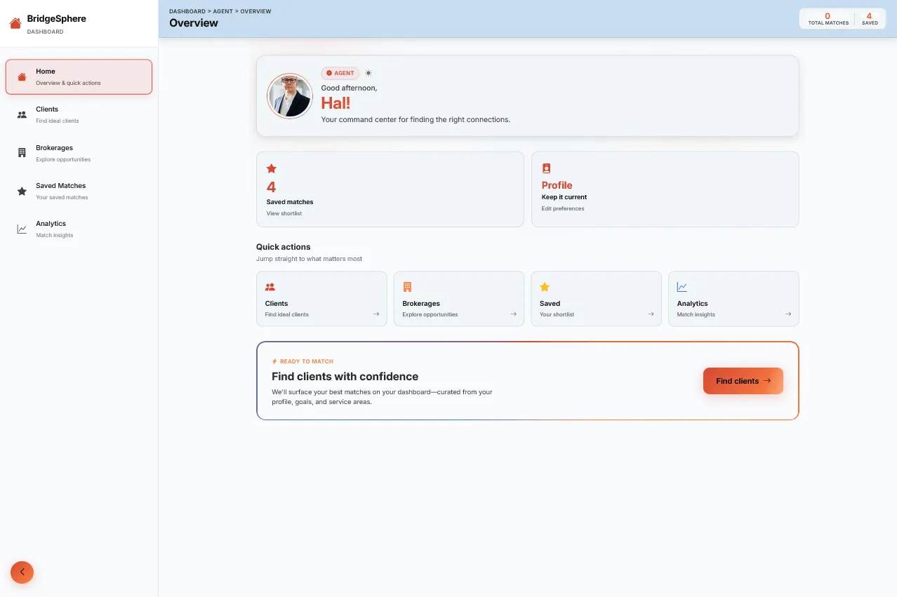 Agent dashboard for selecting matches and viewing saved matches/analytics