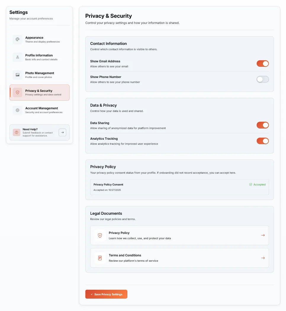 Agent dashboard with match lists and analytics