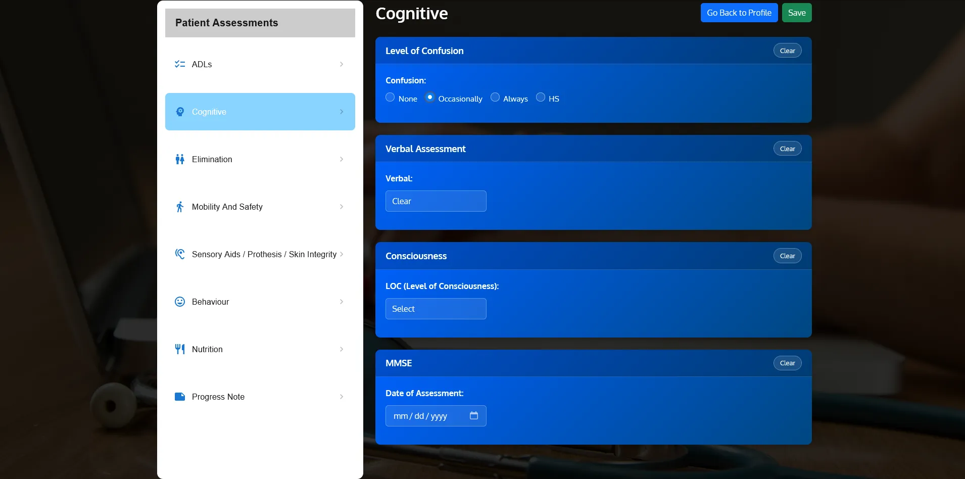 NSCC CARE Cognitive assessment page