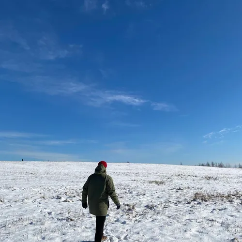 Walking up a snowy hill in Nova Scotia