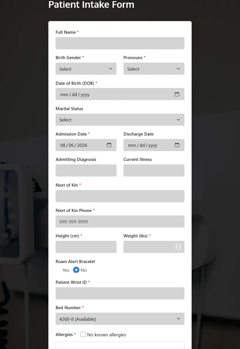 Form screen asking for basic patient information