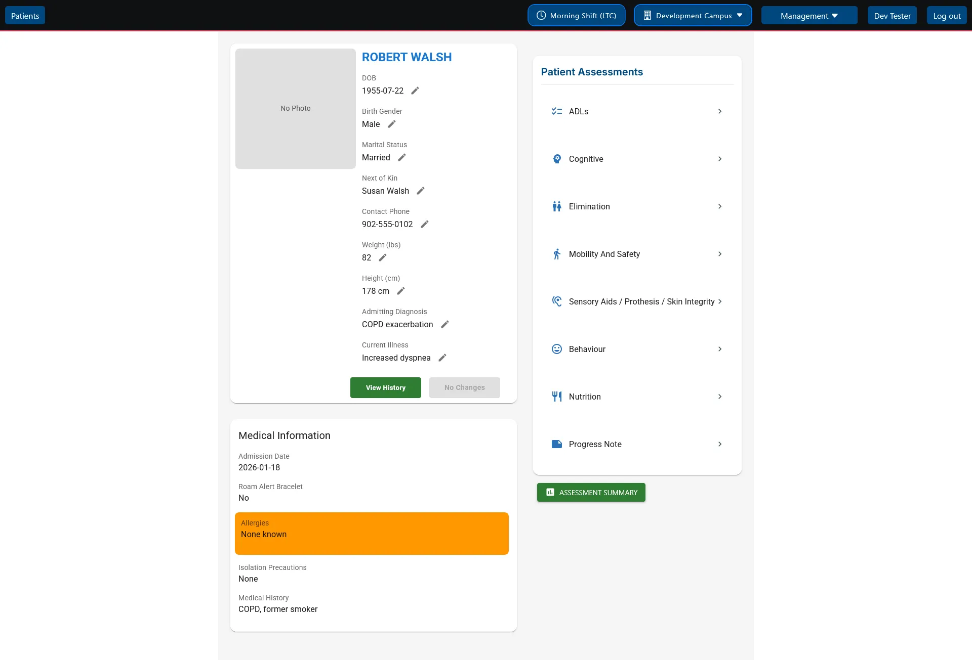 Patient profile page with demo data