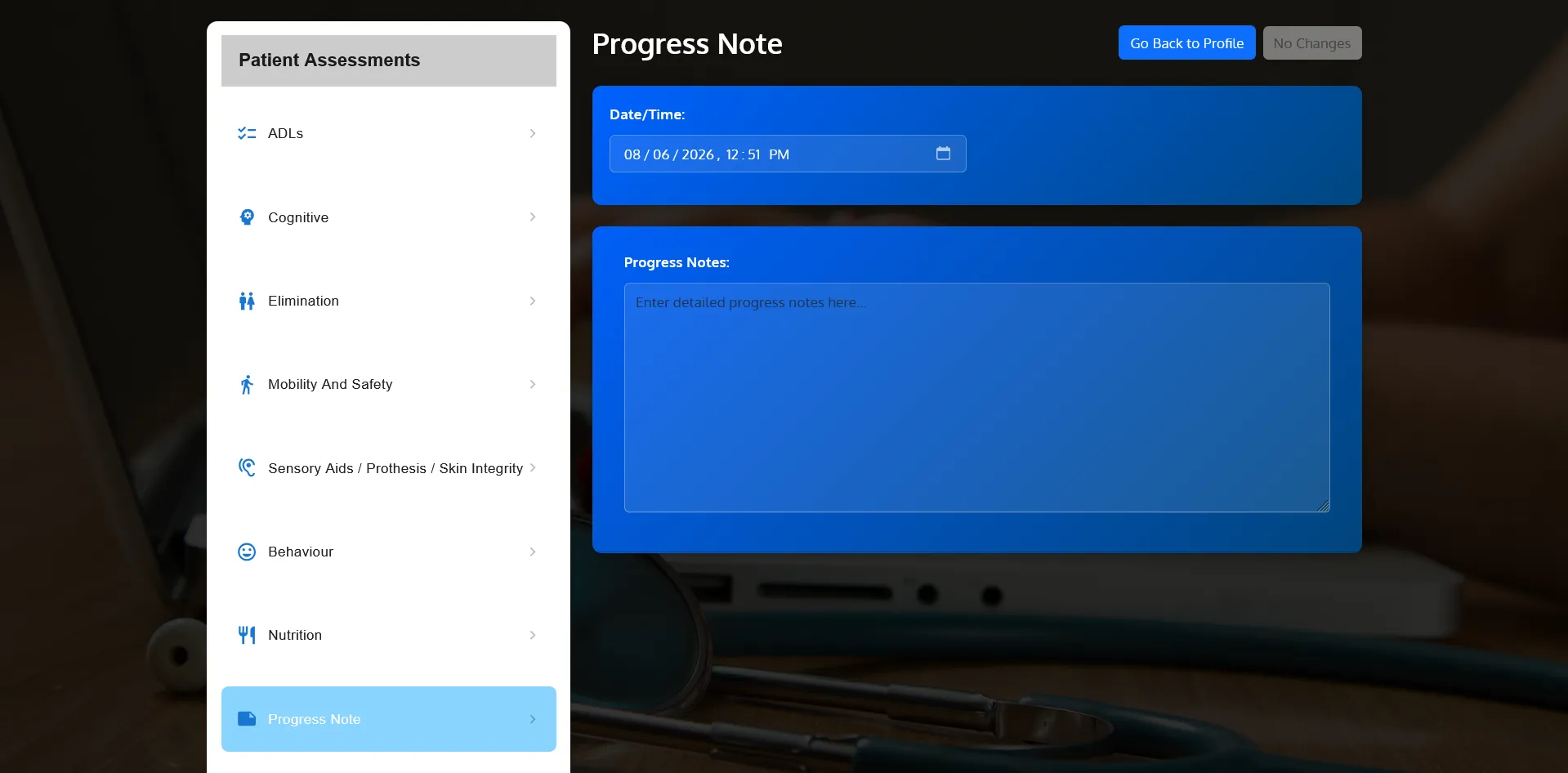 Assessment page with shift change modal